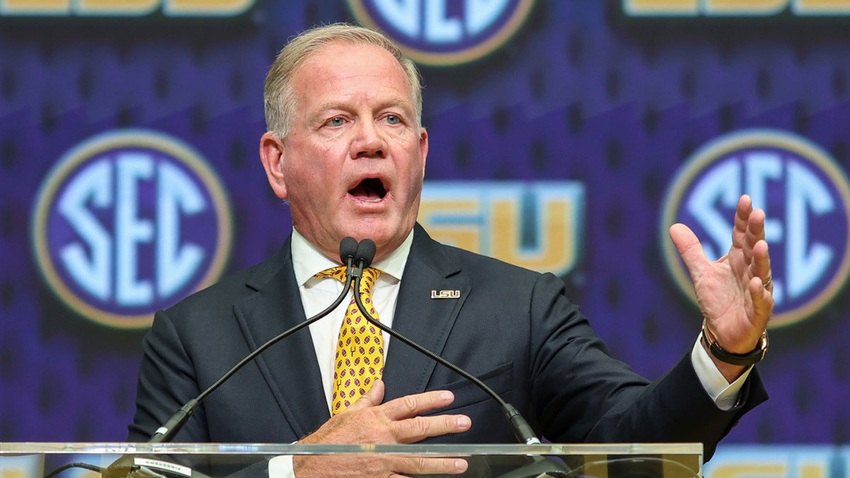 LSU Tigers head coach Brian Kelly talks to the media during SEC Media Day at Omni Atlanta Hotel.