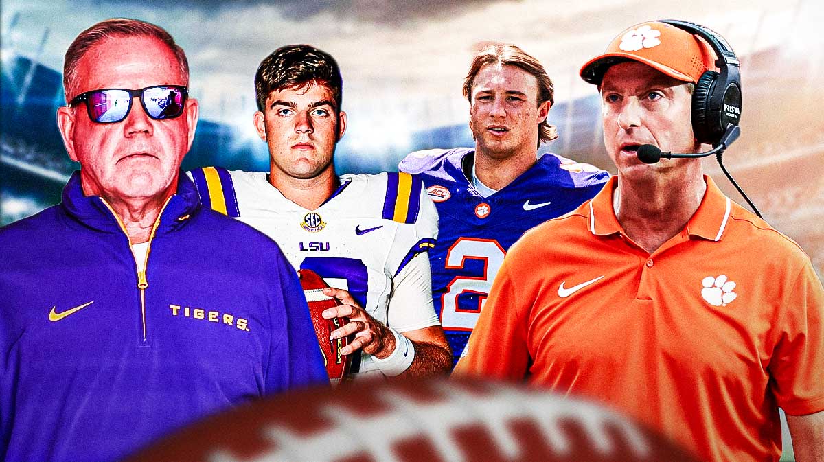 LSU's Brian Kelly, Garrett Nussmeier. Clemson's Dabo Swinney, Cade Klubnik.