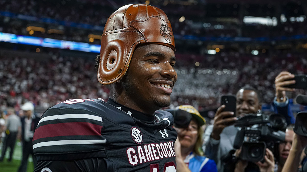 South Carolina Gamecocks quarterback LaNorris Sellers (16) wears the Old Leather Helmet after defeating the Virginia Tech Hokies at Mercedes-Benz Stadium