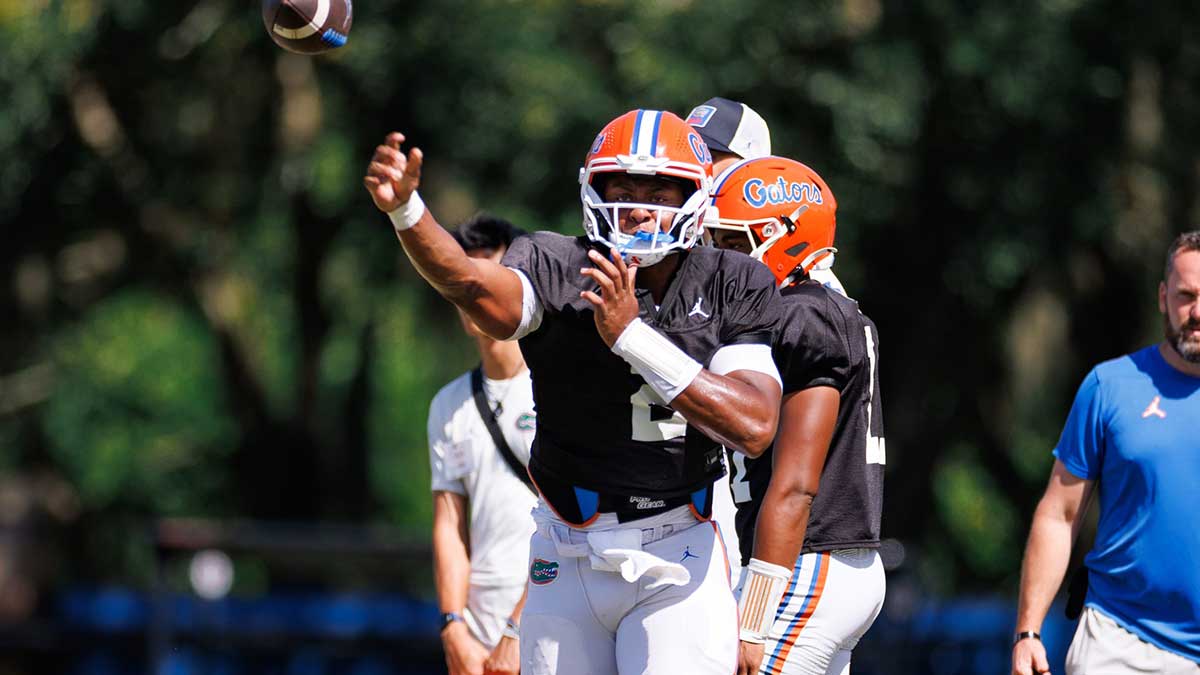 Florida Gators quarterback DJ Lagway (2) throws the ball during fall football practice at Heavener Football Complex at the University of Florida in Gainesville, FL on Tuesday, August 12, 2025. [Matt Pendleton/Gainesville Sun]