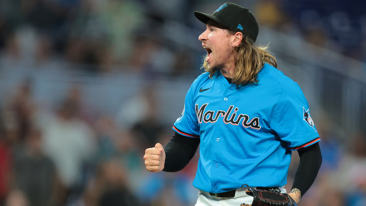 Miami Marlins relief pitcher Lake Bachar (84) celebrates after winning the game against the New York Yankees at loanDepot Park.