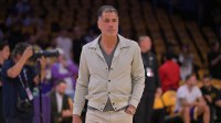Lakers general manager Rob Pelinka walks on the couet prior to the game against the Minnesota Timberwolves at Crypto.com Arena