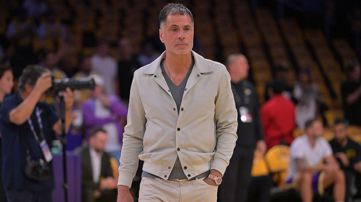 Los Angeles Lakers general manager Rob Pelinka walks on the couet prior to the game against the Minnesota Timberwolves at Crypto.com Arena.