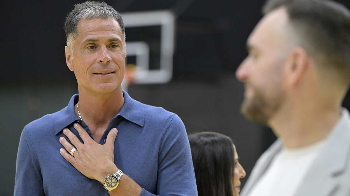 Lakers general manager Rob Pelinka attends a press conference for guard Luka Doncic (77) announcing the signing of a 3-year, $165 million contract extension at UCLA Health Training Center