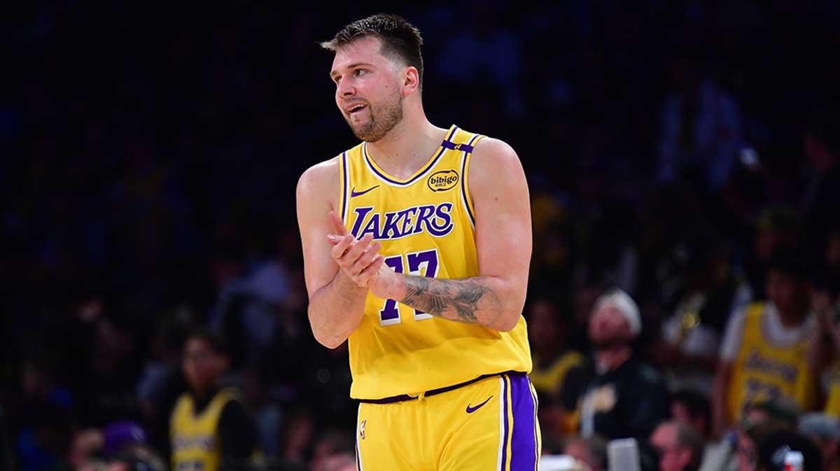 Lakers guard Luka Doncic (77) reacts during the second half in game five of first round for the 2025 NBA Playoffs at Crypto.com Arena