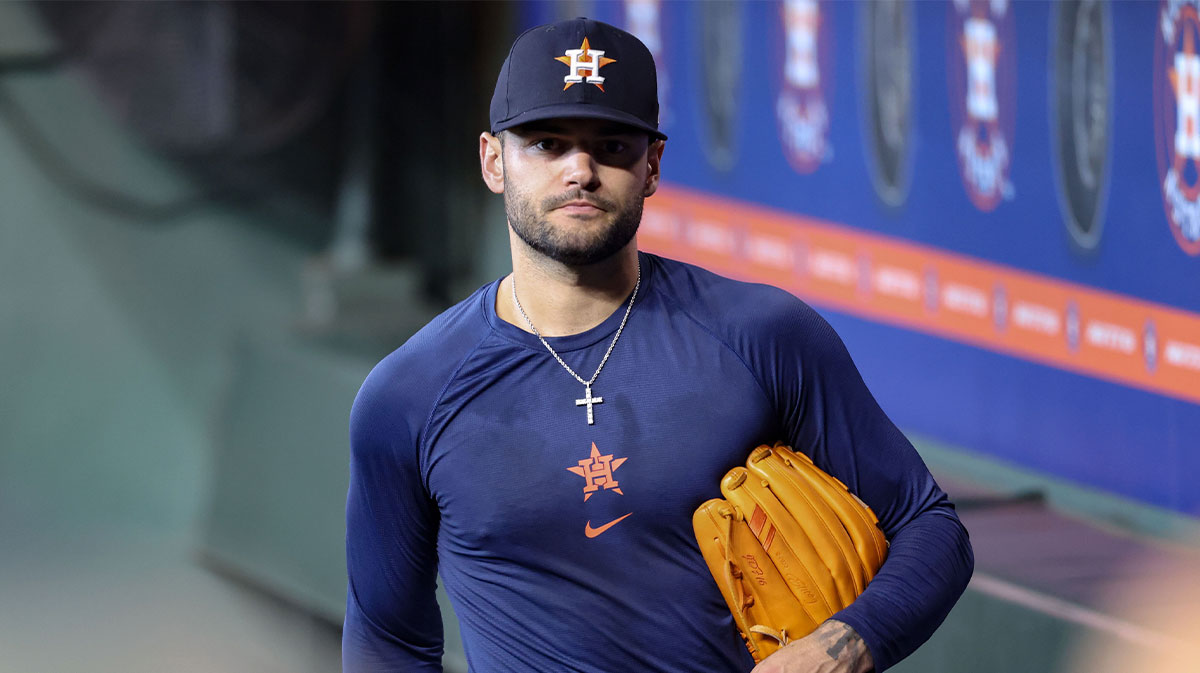 Houston Astros pitcher Lance McCullers Jr. walks in the dugout before the game against the Boston Red Sox at Daikin Park.