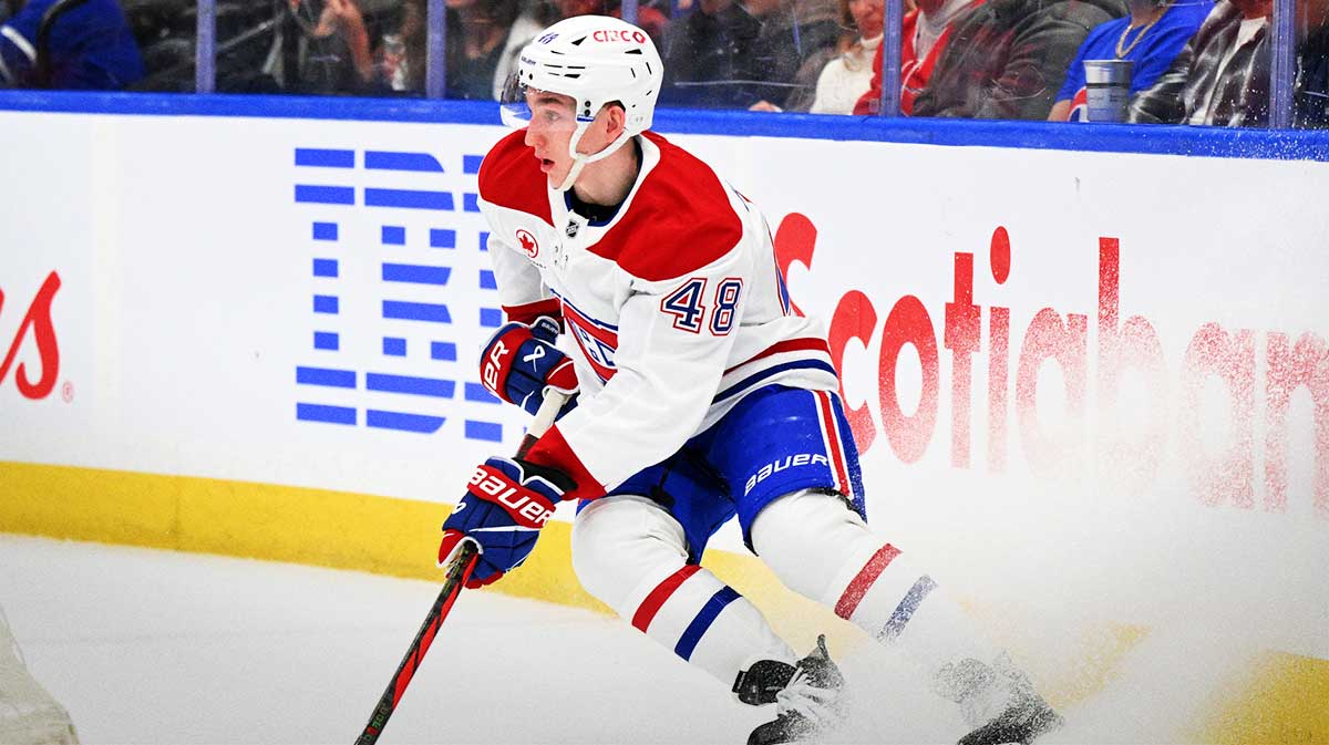 Montreal Canadiens defenseman Lane Hutson (48) turns behind his goal against the Toronto Maple Leafs in the first period at Scotiabank Arena.