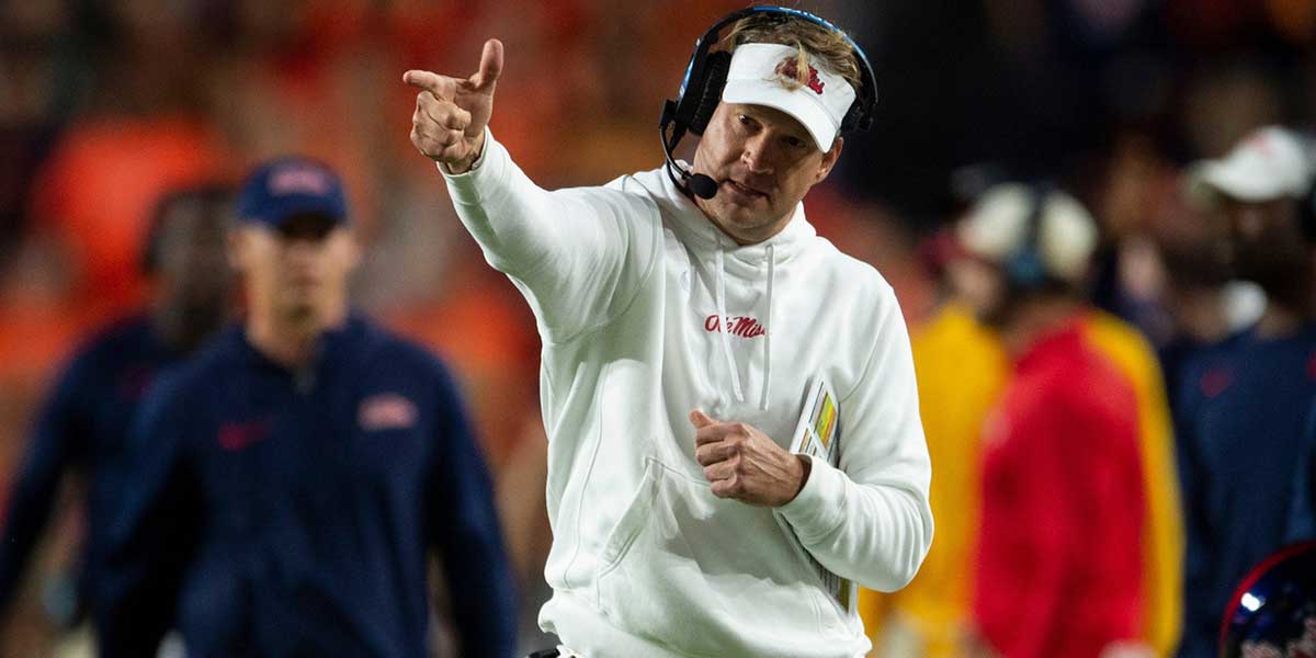 Mississippi Rebels head coach Lane Kiffin celebrates a pass interference call as Auburn Tigers take on Mississippi Rebels at Jordan-Hare Stadium in Auburn, Ala., on Saturday, Oct. 21, 2023. Mississippi Rebels defeated Auburn Tigers 28-21.