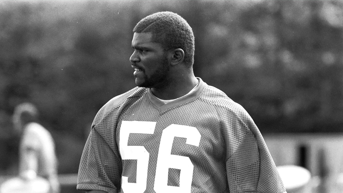 Giants linebacker Lawrence Taylor ended his three-week holdout and joined his teammates at the Giants training camp at Pace University in Pleasantville August 14, 1983. Taylor, a first-round draft choice out of North Carolina in 1981, has been an All-Pro performer his first two years in the league.