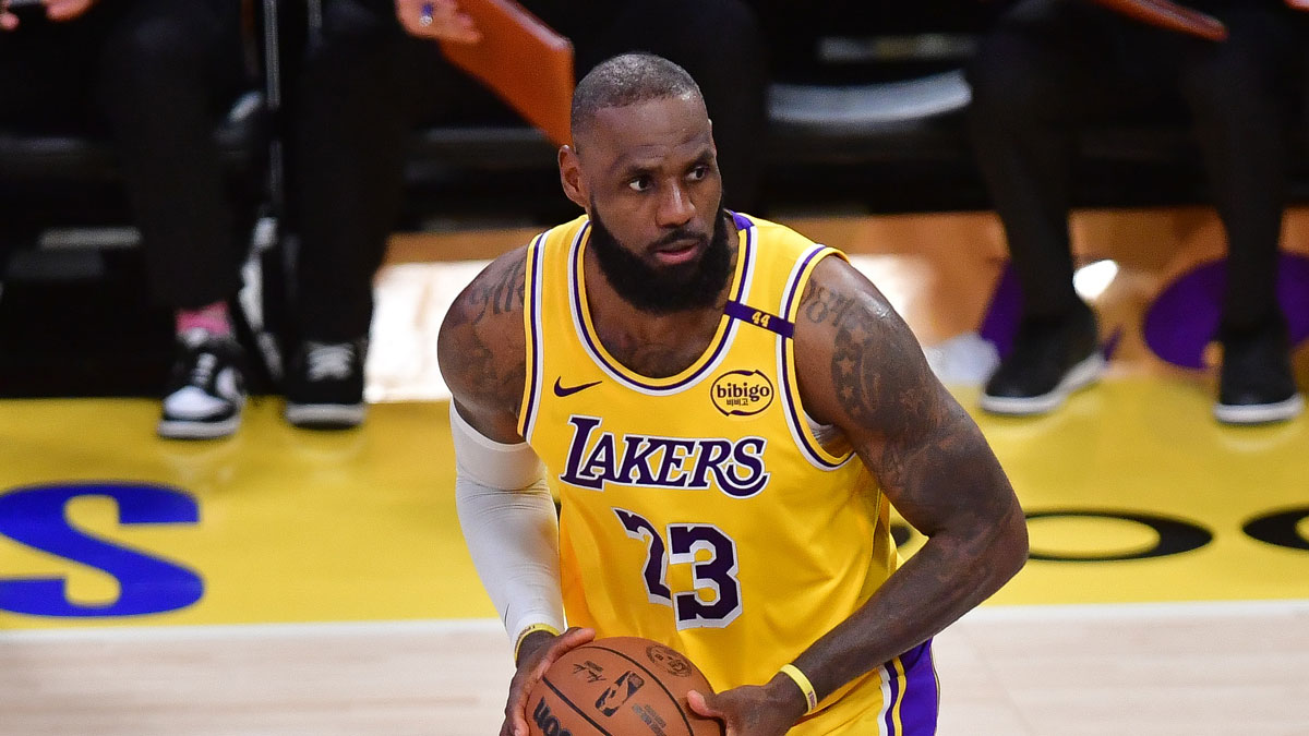 Los Angeles Lakers forward LeBron James (23) controls the ball against the Minnesota Timberwolves during the second half in game five of first round for the 2025 NBA Playoffs at Crypto.com Arena.