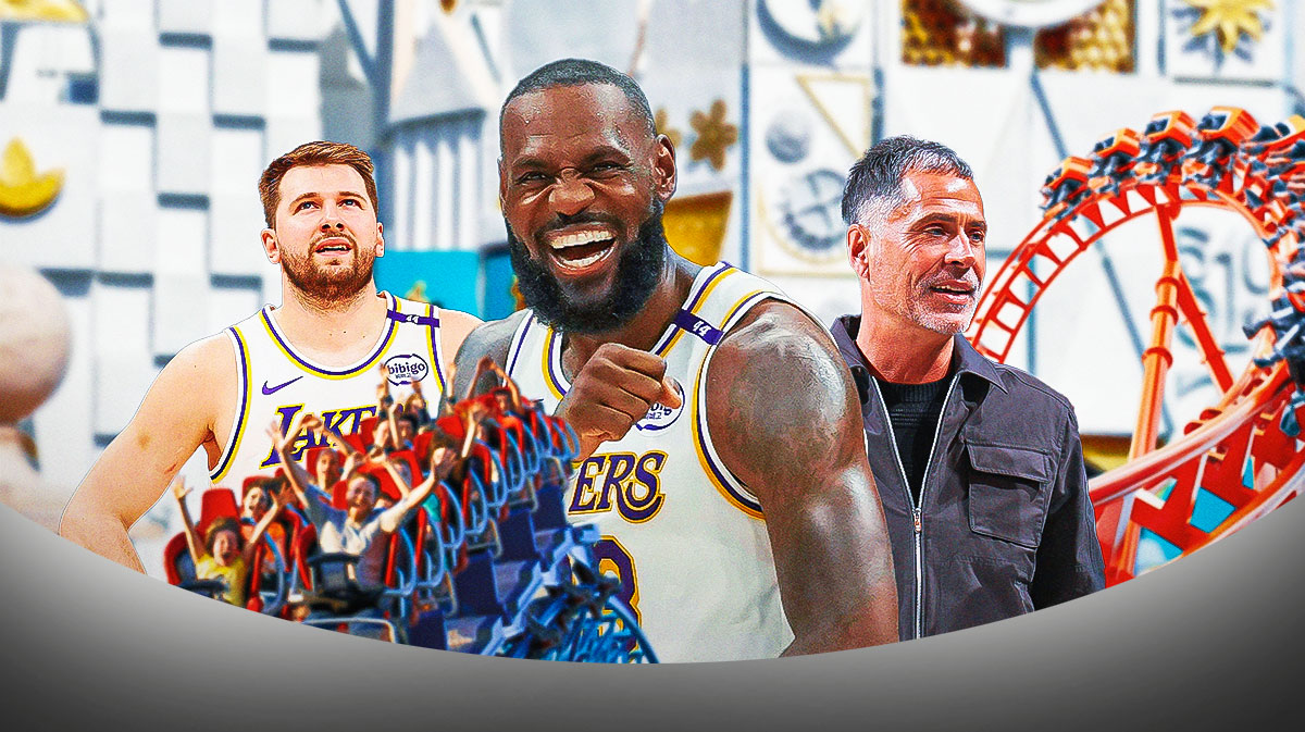 Lakers, LeBron James, Luka Doncic, Rob Pelinka with a roller coaster and Disneyland behind them