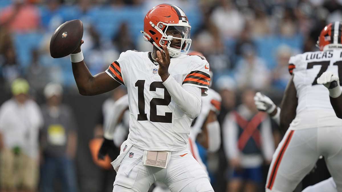 Cleveland Browns quarterback Shedeur Sanders (12) looks to pass against the Carolina Panthers during the first quarter at Bank of America Stadium.