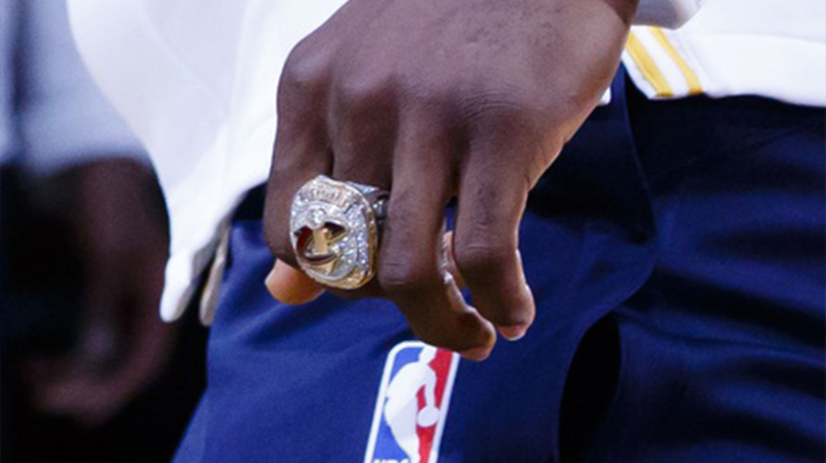 Detail view of Cleveland Cavaliers forward LeBron James (23) championship ring during the ring ceremony and banner raising ceremony before a game against the New York Knicks at Quicken Loans Arena.