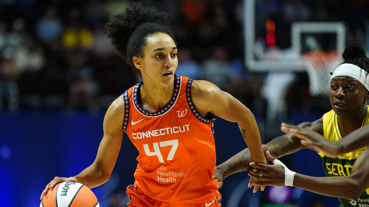 Connecticut Sun guard Leila Lacan (47) returns the ball against the Seattle Storm in the second half at Mohegan Sun Arena.