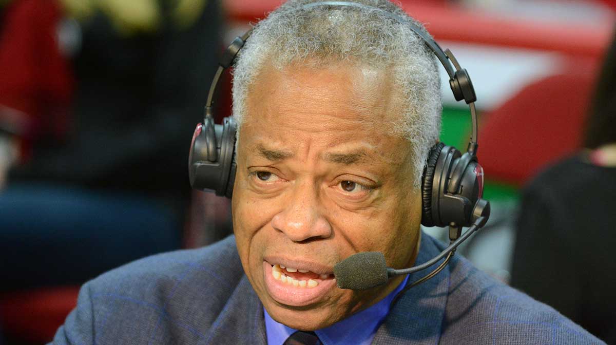 ESPN analyst Len Elmore during the first half of a game between the North Carolina State