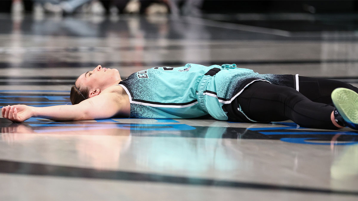 New York Liberty guard Sabrina Ionescu (20) reacts after getting fouled after a made three point shot in the fourth quarter against the Minnesota Lynx at Barclays Center.