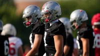 Ohio State Buckeyes quarterback Lincoln Kienholz (3) lines up during football training camp at the Woody Hayes Athletic Center