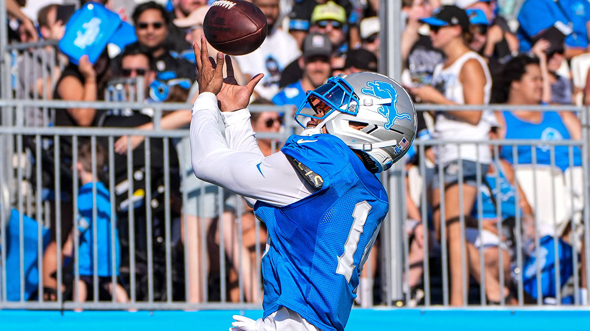 Detroit Lions wide receiver Amon-Ra St. Brown (14) practices during training camp at Meijer Performance Center in Allen Park on Monday, July 28, 2025.