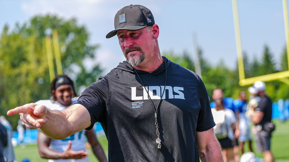 Detroit Lions head coach Dan Campbell talks to staff at the end of the joint practice with the Miami Dolphins at the Lions headquarters and training facility in Allen Park, Thursday, Aug. 14 2025