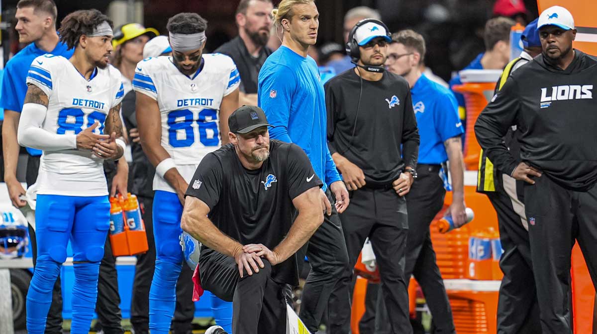 Detroit Lions head coach Dan Campbell reacts on the field after an injury to safety Morice Norris (26) (not shown) during the game against the Atlanta Falcons at Mercedes-Benz Stadium.