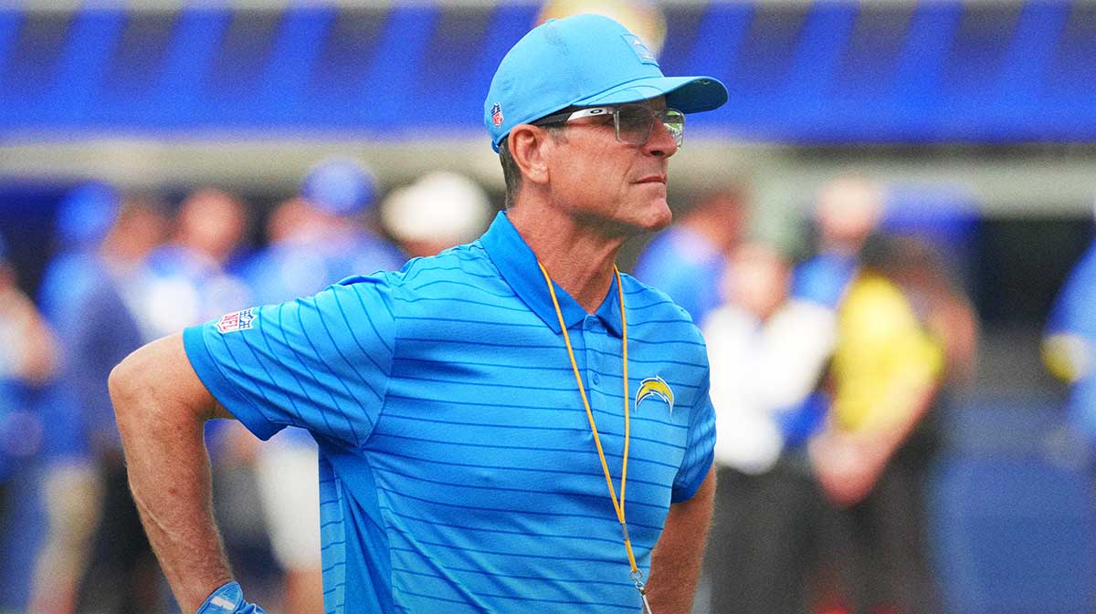 Los Angeles Chargers coach Jim Harbaugh reacts during the game against the Los Angeles Rams at SoFi Stadium.