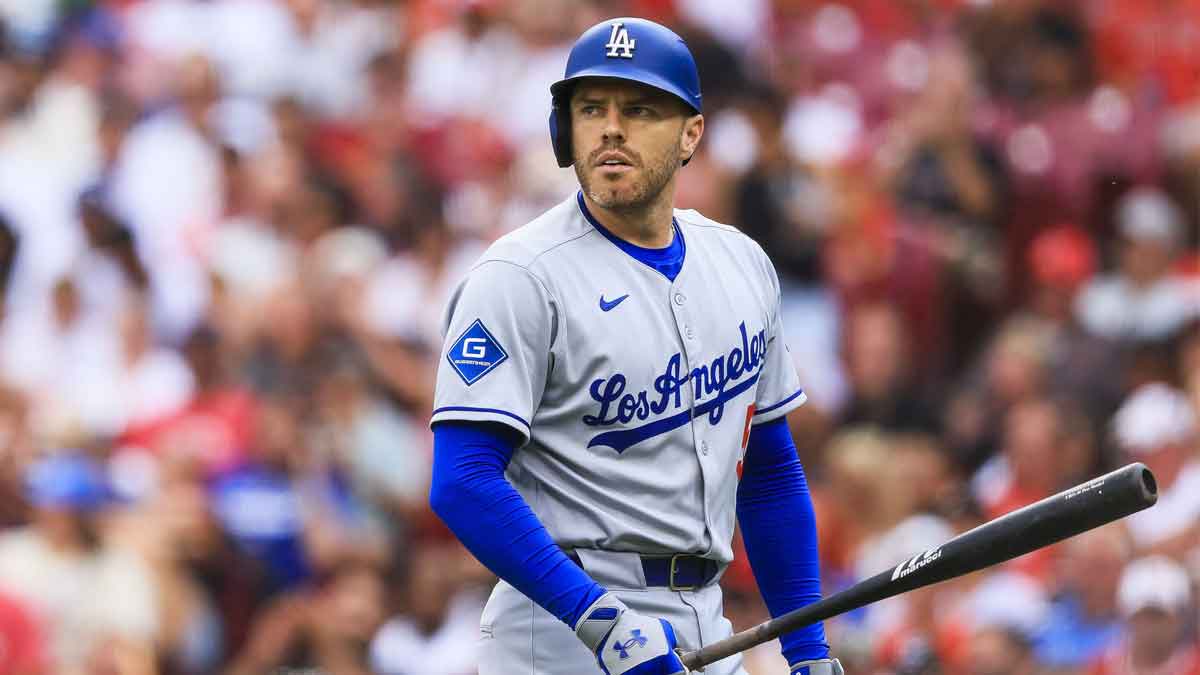 Los Angeles Dodgers first baseman Freddie Freeman (5) walks off the field after striking out in the second inning against the Cincinnati Reds at Great American Ball Park.
