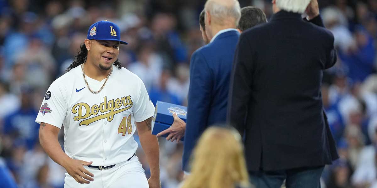 Los Angeles Dodgers pitcher Brusdar Graterol (48) during the ring ceremony prior to the game against Detroit Tigers at Dodger Stadium