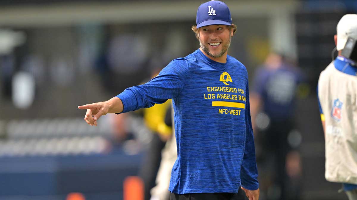Los Angeles Rams quarterback Matthew Stafford (9) walks on the field prior to the game against the Dallas Cowboys at SoFi Stadium.