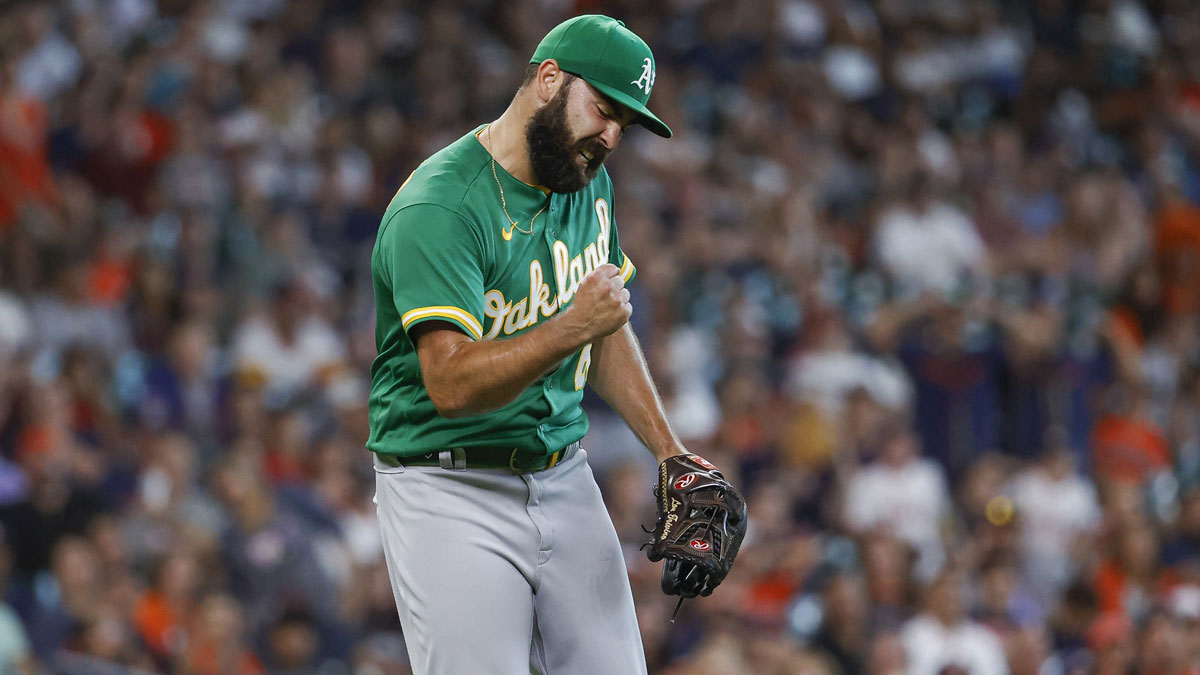 Oakland Athletics relief pitcher Lou Trivino (62) reacts after the final out during the ninth inning against the Houston Astros at Minute Maid Park.