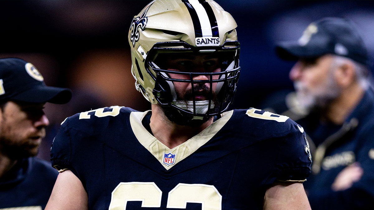 New Orleans Saints guard Lucas Patrick (62) against the Carolina Panthersduring the pregame at Caesars Superdome.