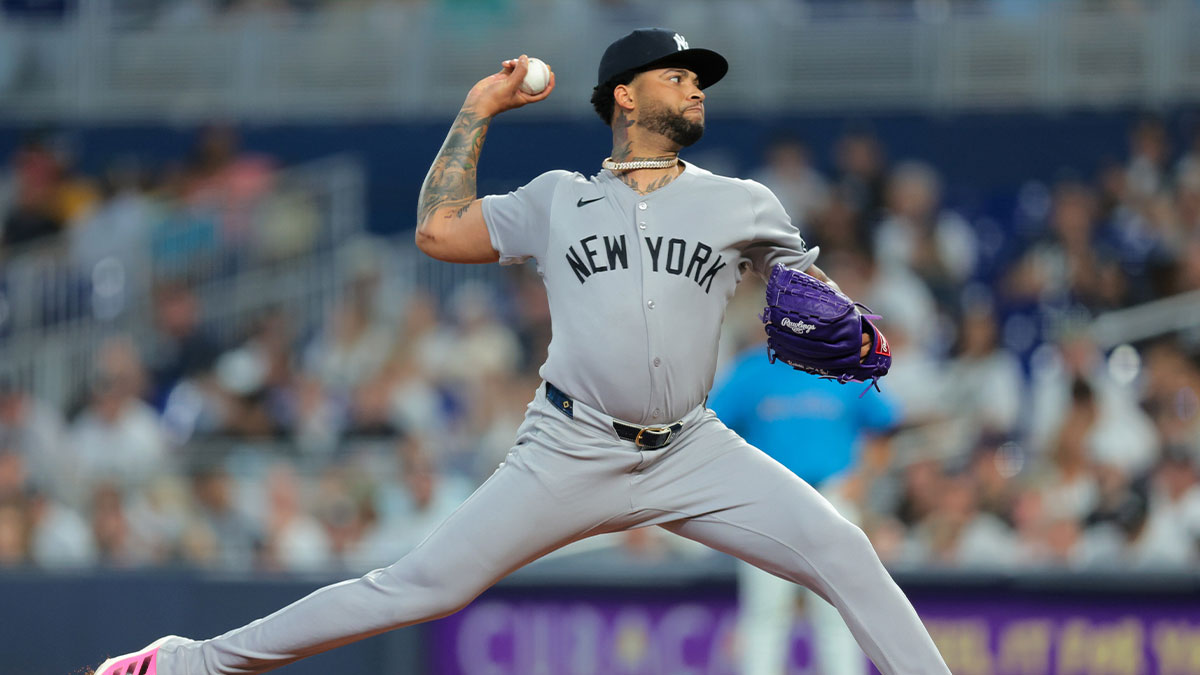 New York Yankees starting pitcher Luis Gil (81) delivers a pitch against the Miami Marlins during the first inning at loanDepot Park.