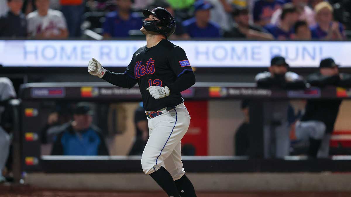 Aug 29, 2025; New York City, New York, USA; New York Mets catcher Luis Torrens (13) reacts after his three run home run during the eighth inning against the Miami Marlins at Citi Field. Mandatory Credit: Vincent Carchietta-Imagn Images