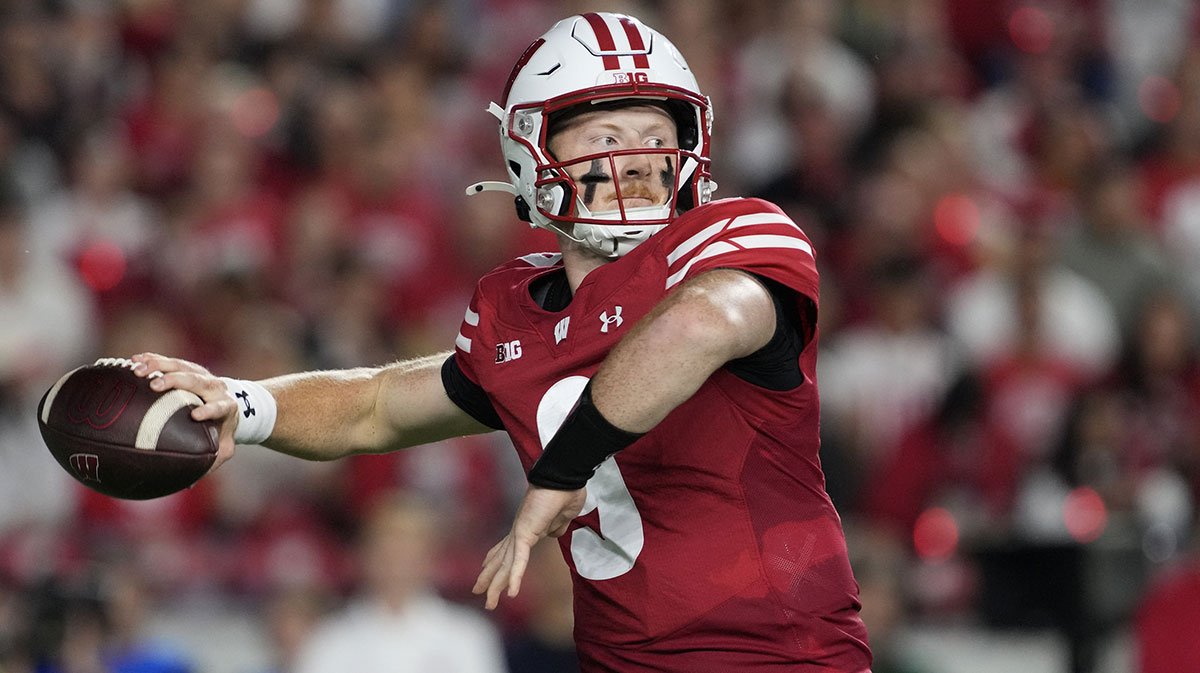Wisconsin Badgers quarterback Billy Edwards Jr. (9) throws a pass during the second quarter against the Miami (OH) RedHawks at Camp Randall Stadium.