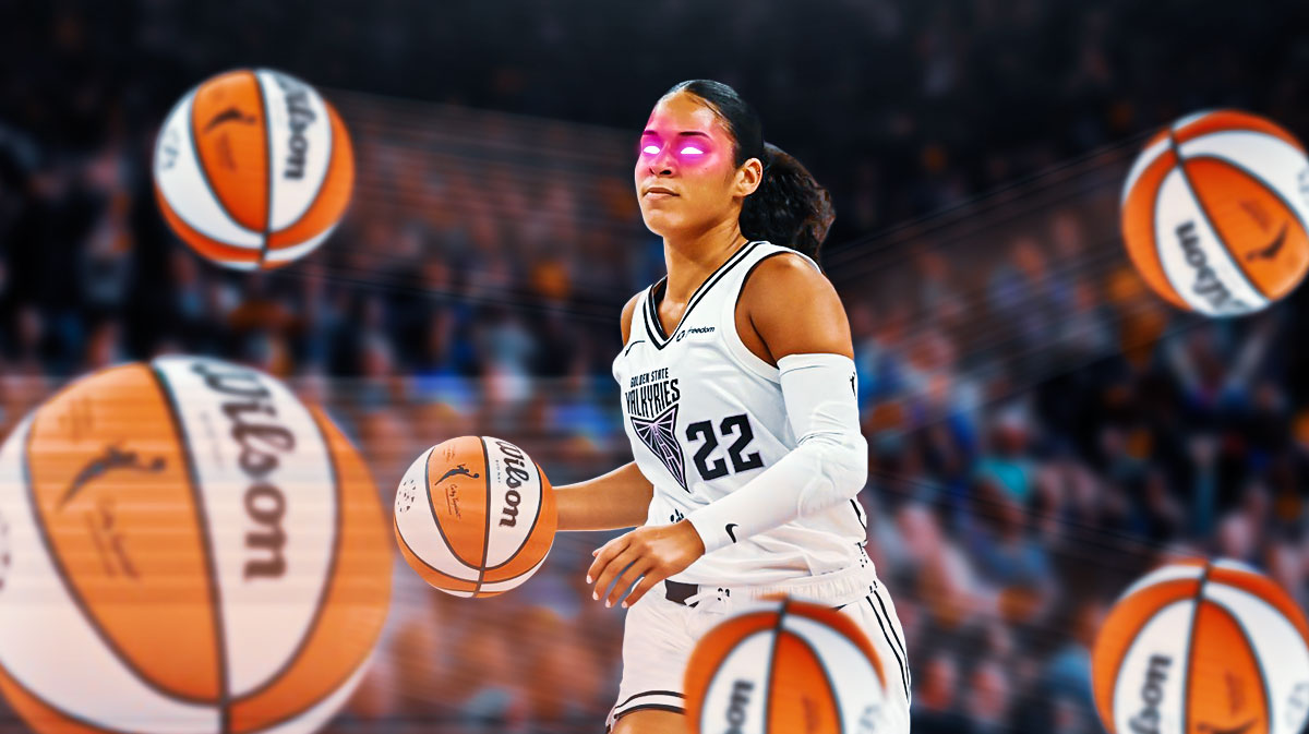 Valkyries' Veronica Burton with neon purple colored glowing eyes passing the basketball in a bunch of different directions all at the same time.