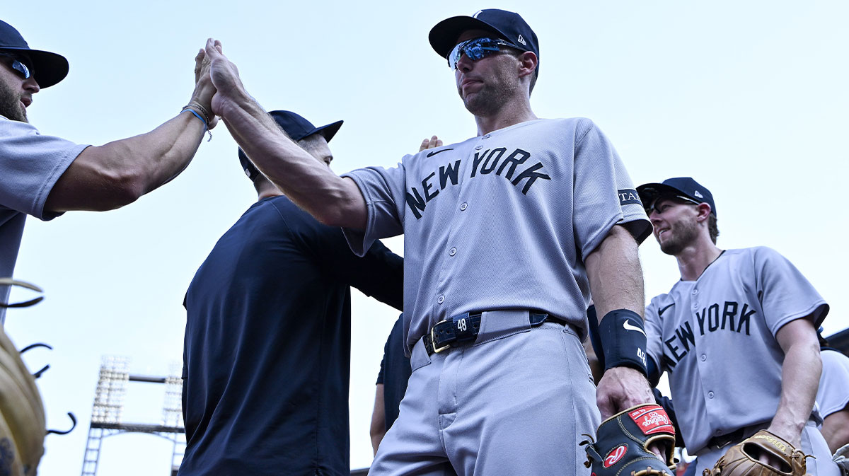 New York Yankees first baseman Paul Goldschmidt (48) celebrates with teammates after the Yankees defeated the St. Louis Cardinals and swept the series at Busch Stadium.