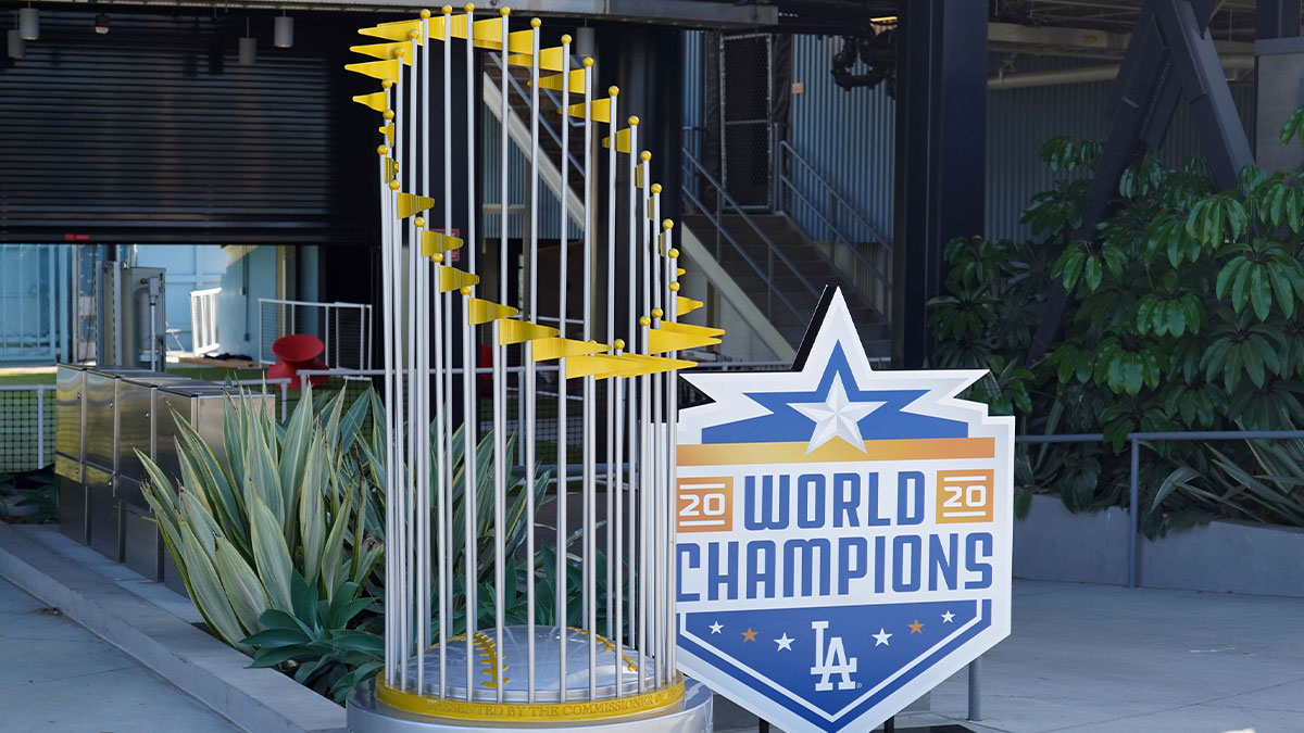 A replica 2020 MLB World Series Commissioner's Trophy won by the Los Angeles Dodgers in the center field plaza at Dodger Stadium.