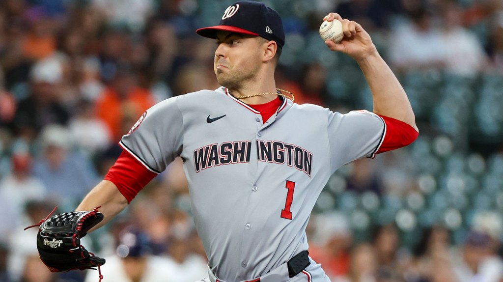 Washington Nationals starting pitcher MacKenzie Gore (1) pitches against the Houston Astros in the first inning at Daikin Park.