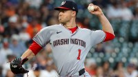 Washington Nationals starting pitcher MacKenzie Gore (1) pitches against the Houston Astros in the first inning at Daikin Park.