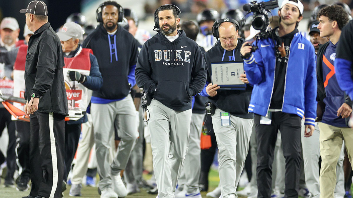 Duke Blue Devils head coach Manny Diaz looks on against the Mississippi Rebels in the second quarter during the Gator Bowl at EverBank Stadium.