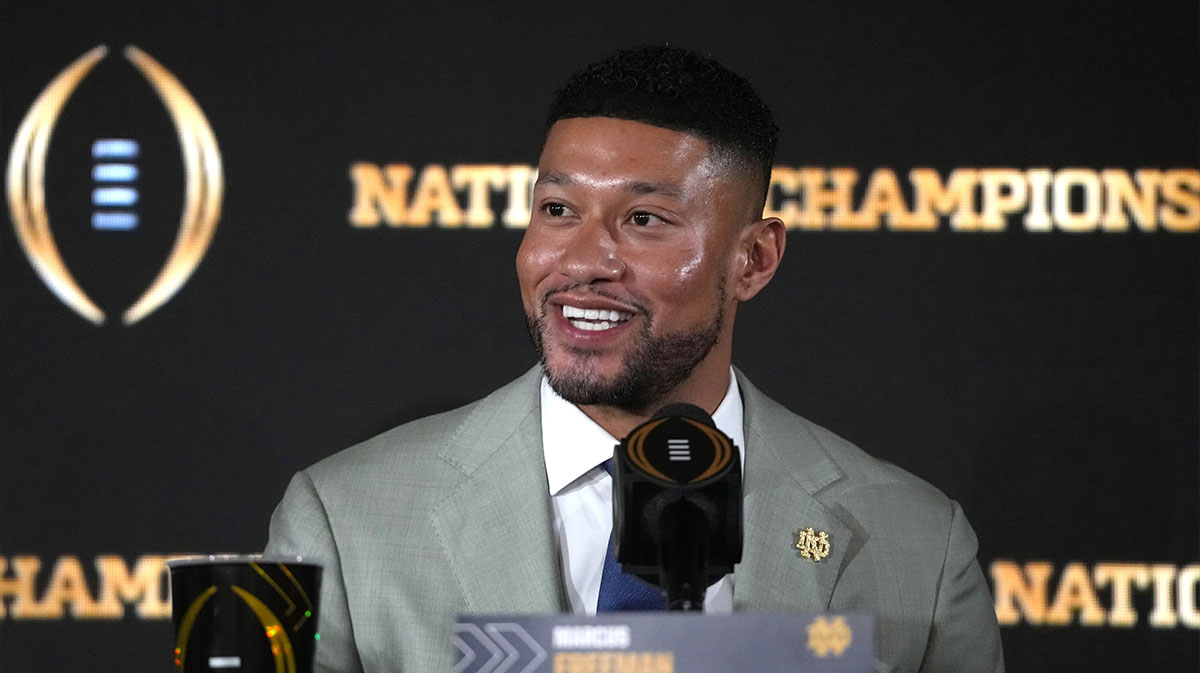 Notre Dame Fighting Irish head coach Marcus Freeman during College Football Playoff National Championship press conference at The Westin Peachtree Plaza, Savannah Ballroom.