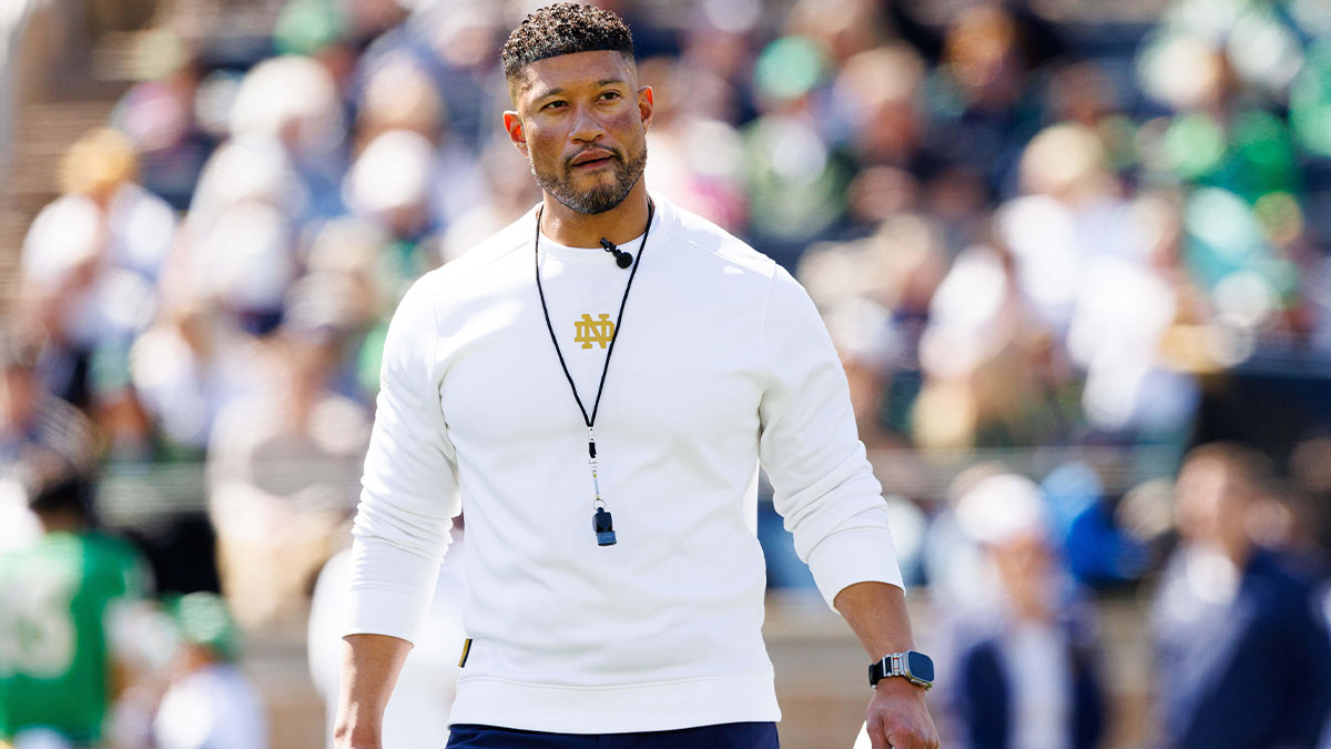 Notre Dame head coach Marcus Freeman during the Notre Dame Blue-Gold spring football game at Notre Dame Stadium on Saturday, April 12, 2025, in South Bend.