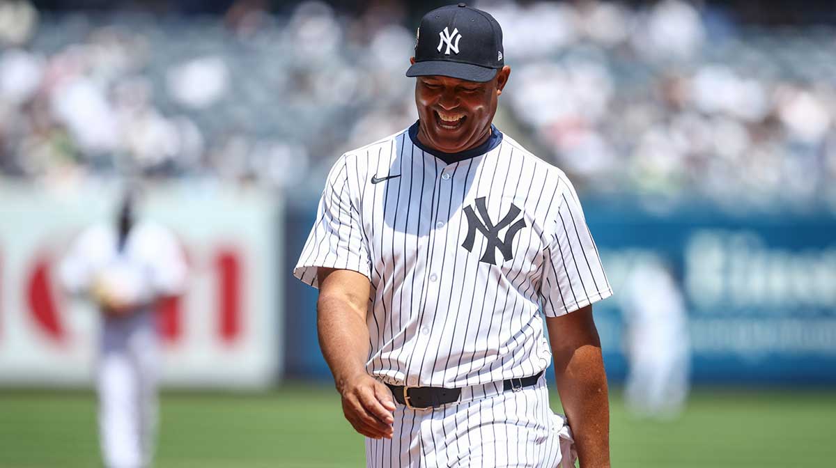 Former New York Yankees pitcher Mariano Rivera reacts after reaching base during the Old Timer’s Day game at Yankee Stadium.