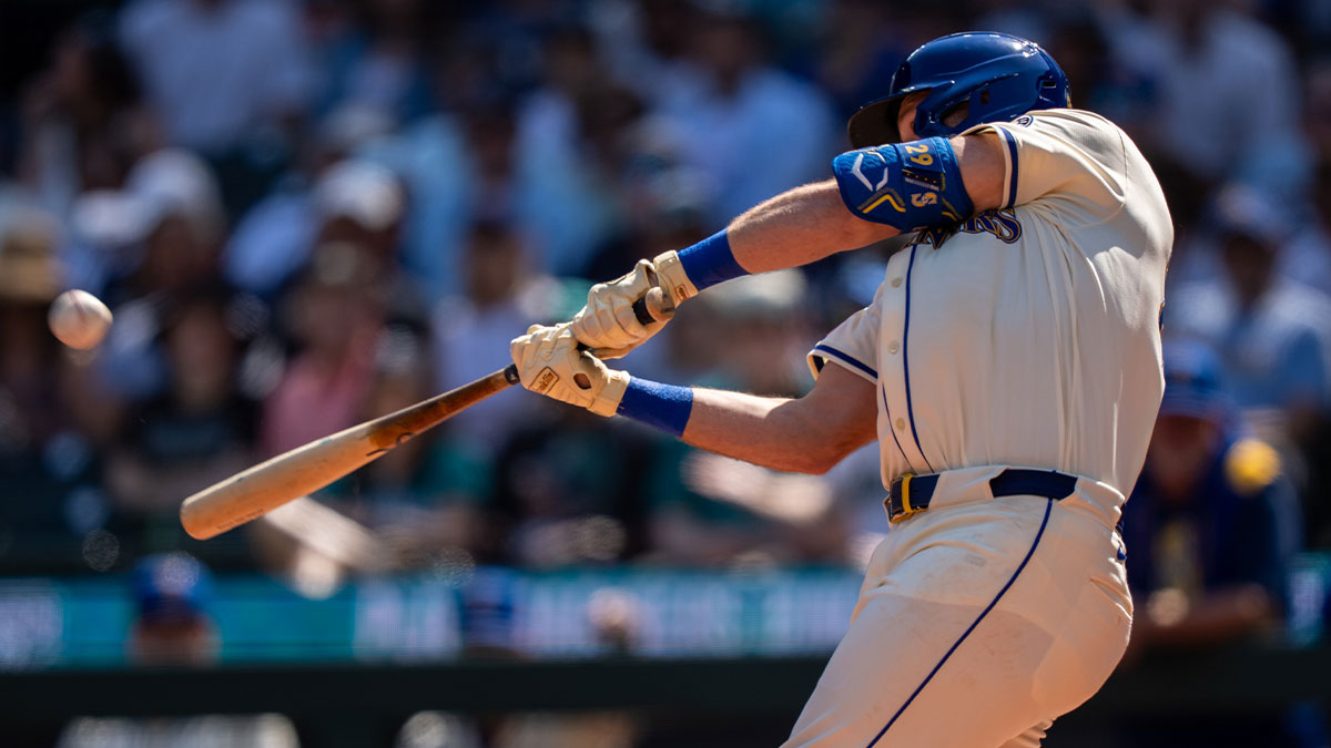 Seattle Mariners catcher Cal Raleigh (29) hits a two-run home run during the first inning against the Athletics at T-Mobile Park.