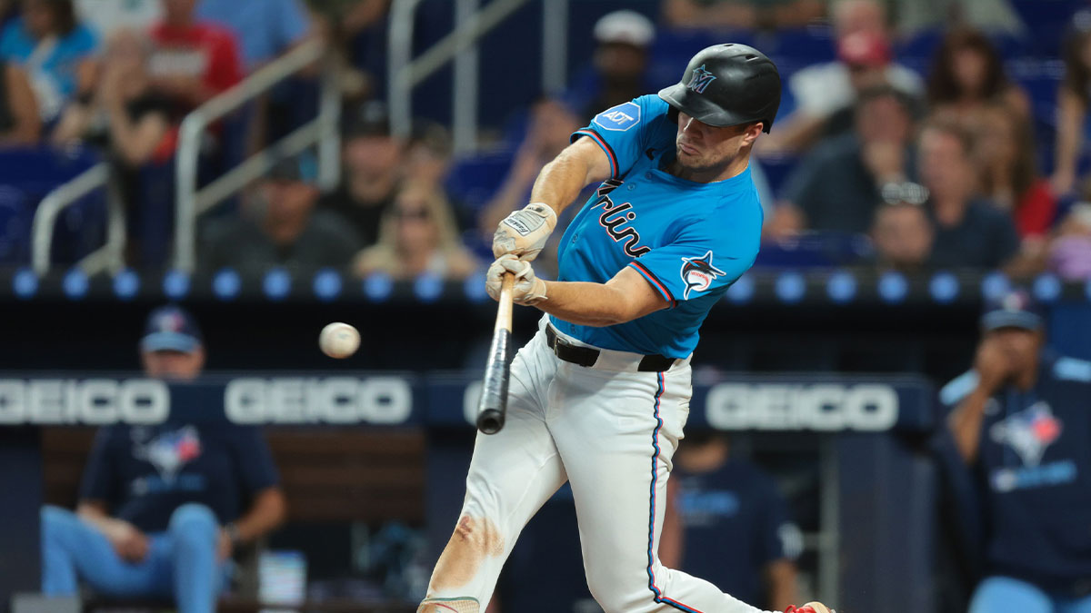 Miami Marlins center fielder Jakob Marsee (87) hits a double against the Toronto Blue Jays during the seventh inning at loanDepot Park.