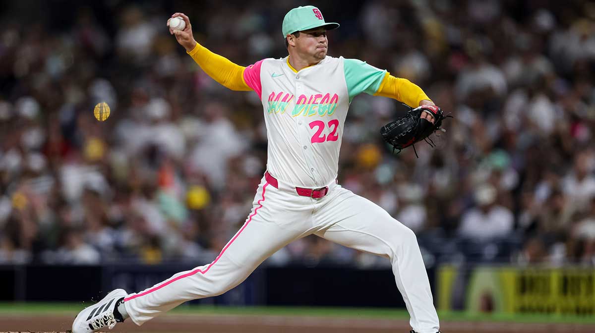 Aug 1, 2025; San Diego, California, USA; San Diego Padres pitcher Mason Miller (22) pitches during the eighth inning against the St. Louis Cardinals at Petco Park. 