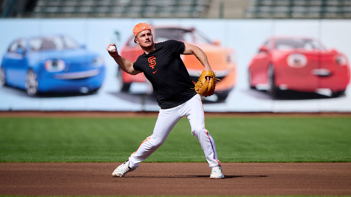 San Francisco Giants third baseman Matt Chapman (26) warms up before the game between the San Diego Padres and the San Francisco Giants at Oracle Park.