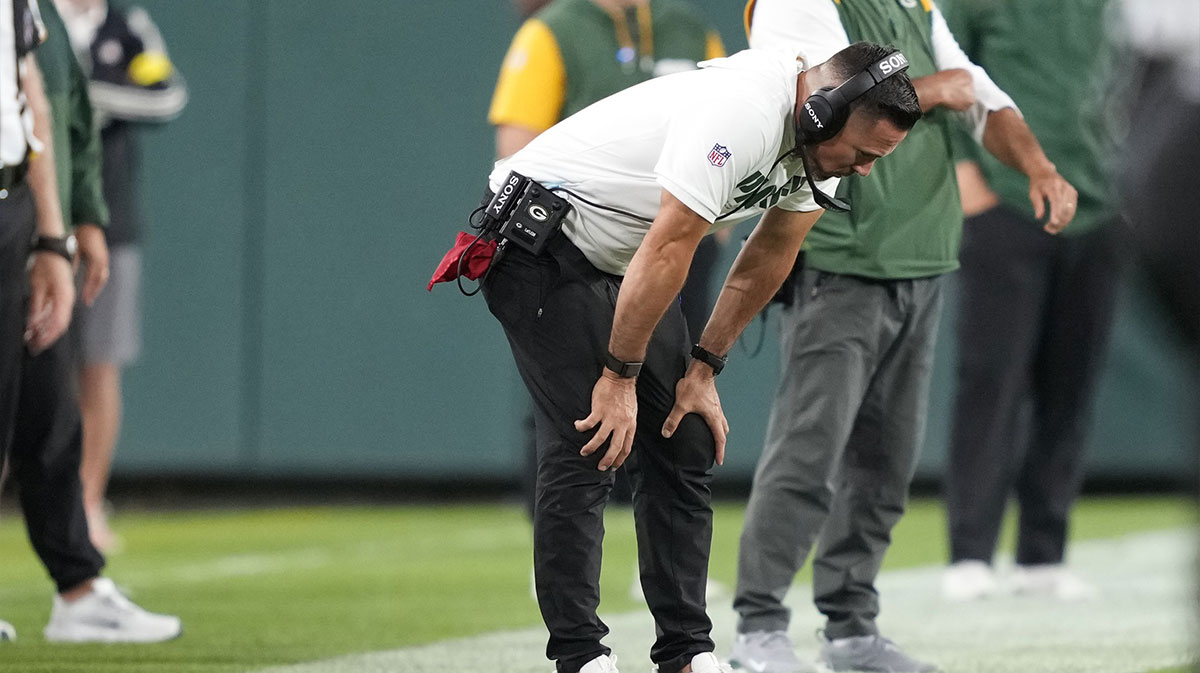 Green Bay Packers head coach Matt LaFleur reacts to a penalty call against his team during the second half against the New York Jets at Lambeau Field.