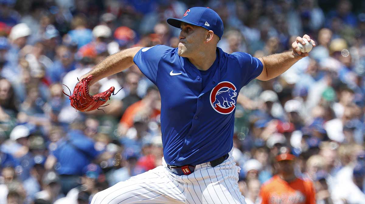 Chicago Cubs starting pitcher Matthew Boyd (16) wearing number 23 in honor the late Hall of Fame second baseman Ryne Sandberg delivers a pitch against the Baltimore Orioles during the first inning at Wrigley Field