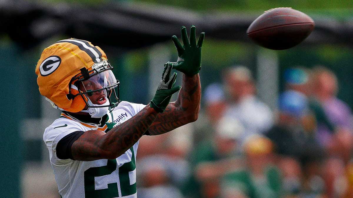 Green Bay Packers wide receiver Matthew Golden (22) catches a pass during the first day of training camp on Wednesday, July 23, 2025, at Ray Nitschke Field in Ashwaubenon, Wis