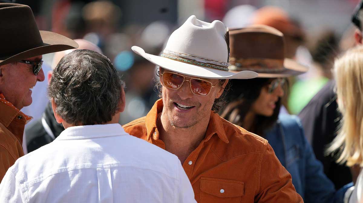 Texas fan Matthew McConaughey on the sidelines before the Ohio State and Texas game at Ohio Stadium.